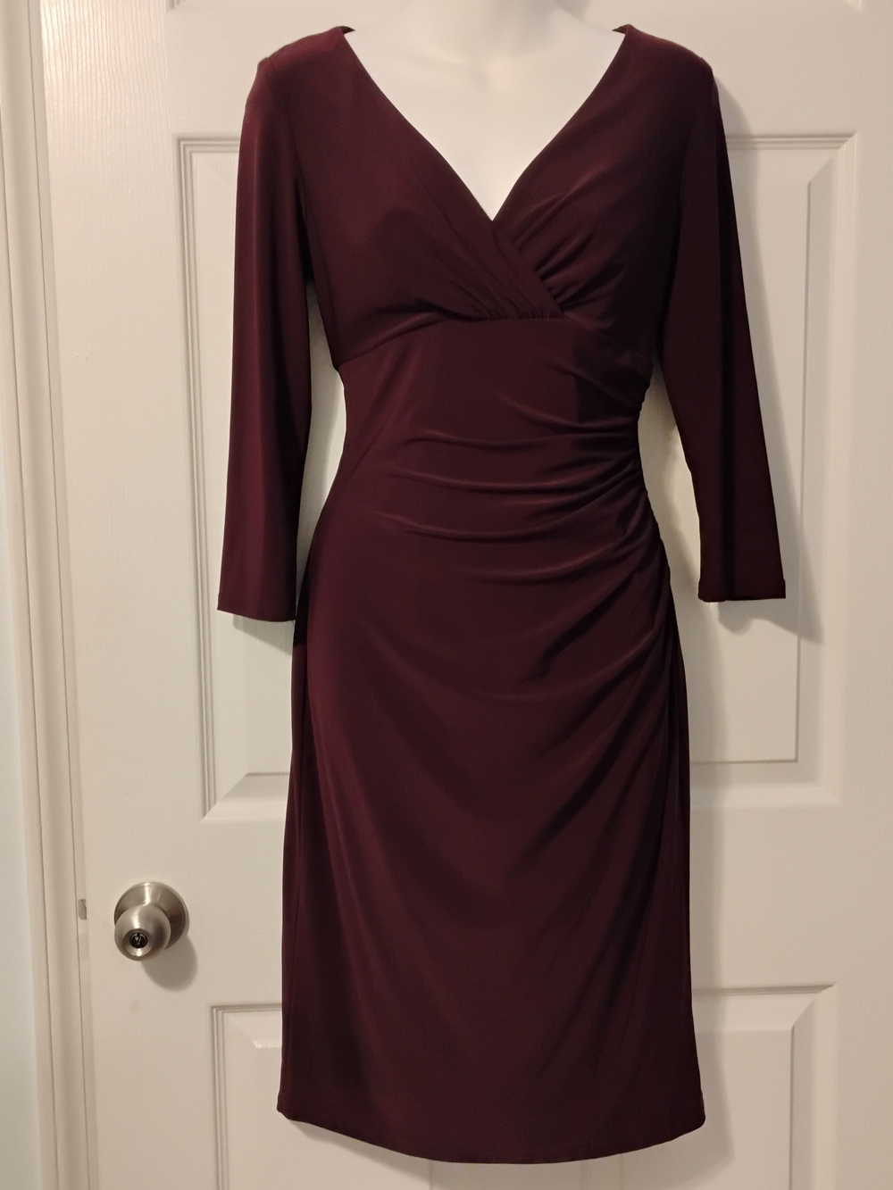 Chaps Deep Wine V-Neck Long Sleeve Ruched Midi Dress